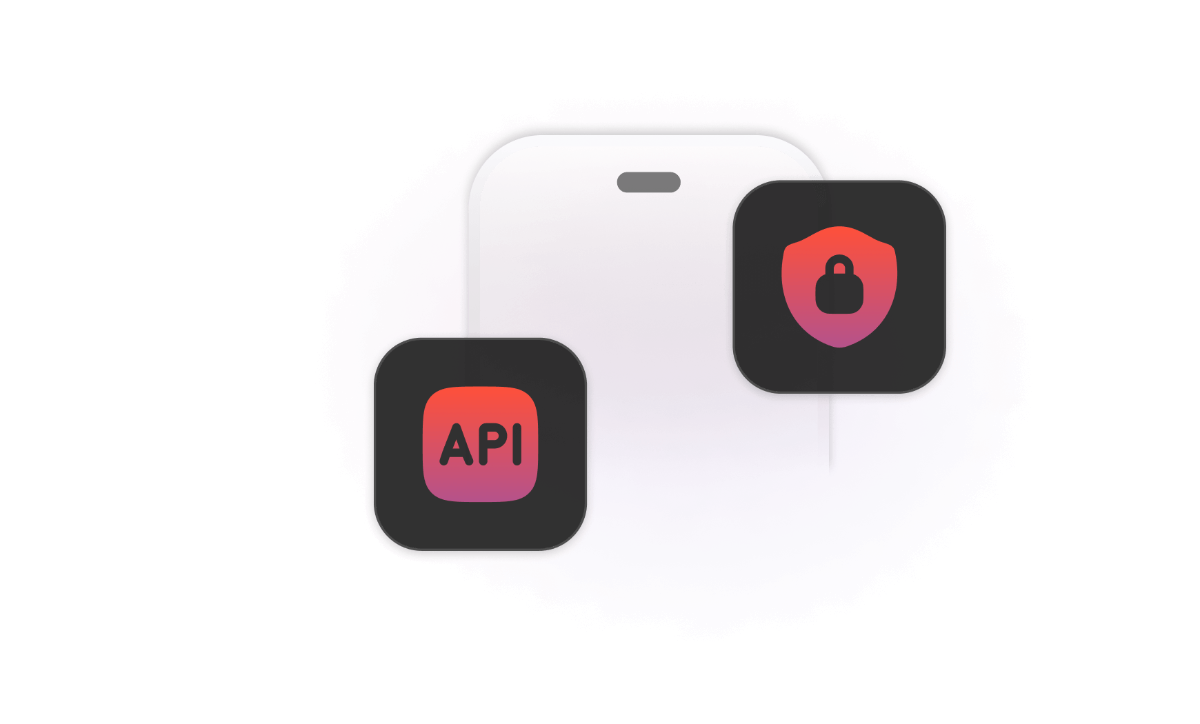 Smartphone displaying security icons, including an 'API' icon and a lock symbol, indicating secure integration and protection